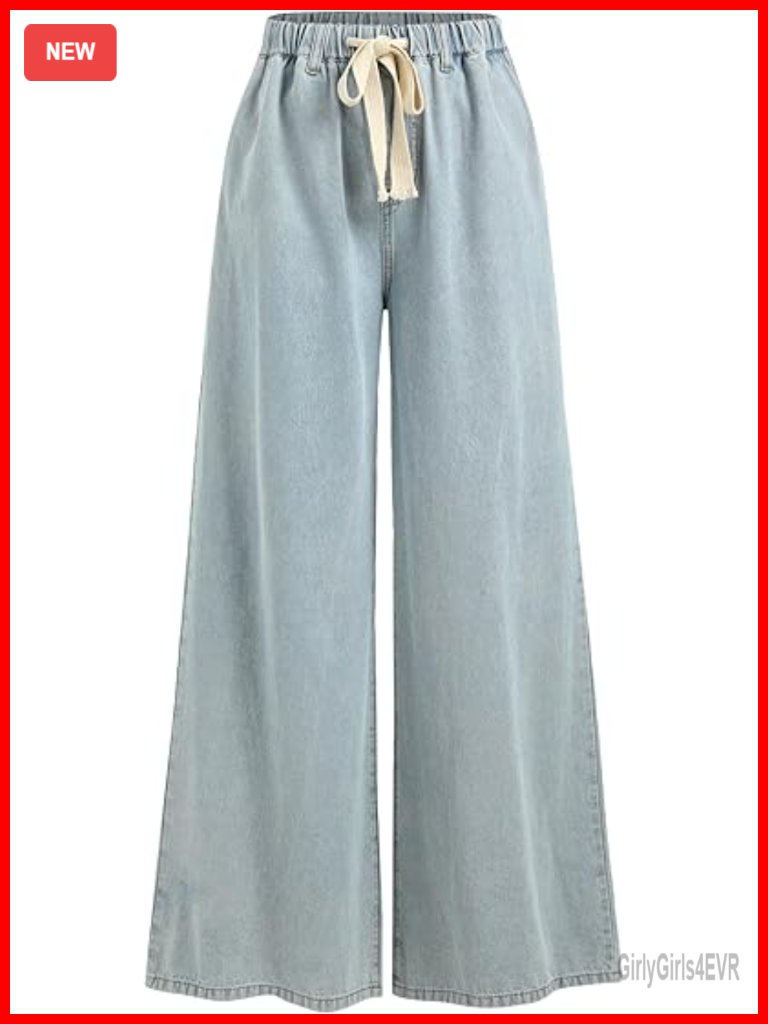 High Waisted Drawstring Wide Leg Pull On Jeans With Pockets